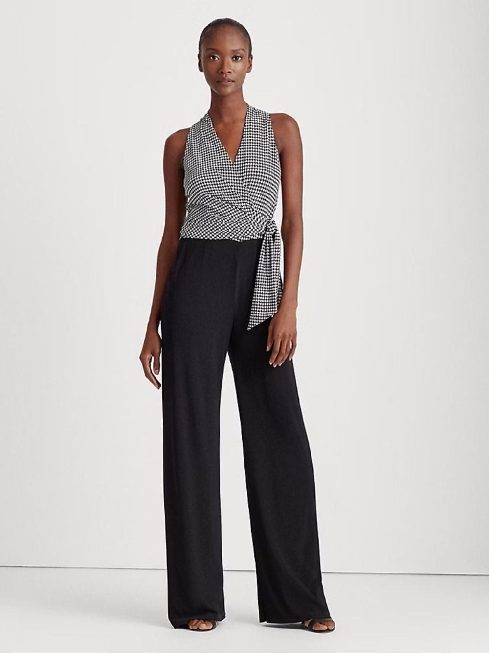 Ralph Lauren Womens Houndstooth Surplice Jumpsuit Black White Size 12 NWT